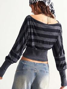 SHEIN BohoFeels 波西米亚风秋冬/春装外套，复古女士条纹圆领长袖休闲条纹露肩T恤，西部乡村风格，适合音乐会派对、海滩度假、日常穿着、返校、外出、派对、新年等场合。 - 灰色 - 查看 7