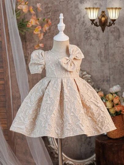One-Piece Baby Girl And Elegant One-Shoulder Puff Sleeve A-Line Midi Dress, Suitable For Parties, Outings, And Other Occasions Baby Girl Elegant Dress Champagne Baby Dress Ivory Baby Dress Puffy Sleeve Baby Dress Vintage Style Baby Dress Puff Sleeve Baby Girl Dress Elegant Baby Dress