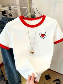 Resyla 女士圆领爱心印花休闲短袖T恤 - 彩色 - 查看 3