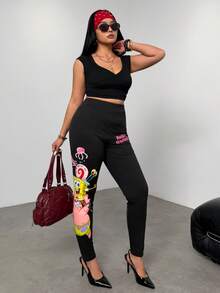 SpongeBob SquarePants | SHEIN 大码卡通图案高腰紧身裤 - 黑色 - 查看 2