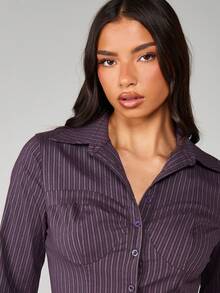 MISSGUIDED Blusa ajustada de manga larga con botones, estilo corsé a rayas, camisa morada estructurada para oficina, negocios y trabajo formal - Morado - Ver 5