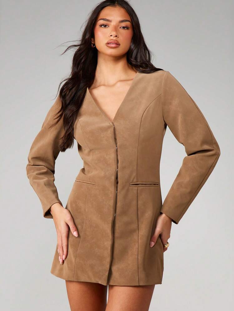 MISSGUIDED Ballonärmel Wildleder V-Ausschnitt Knopfverschluss Mini-Kleid mit langen Ärmeln und figurbetonter Silhouette für Herbst-Winter-Anlässe