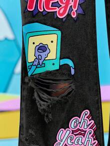 Adventure Time X ROMWE Women Casual Ripped Cartoon Graphic Loose Fit Jeans - Grey - View 3
