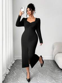 Elenzga Plus Size Women's Elegant Solid Color Square Neck Puff Sleeve Ruched Waist Split Hem Bodycon Dress, Suitable For Business, Date, Party, Afternoon Tea, Holiday, Christmas, Valentine's Day, Autumn/Winter - Black - View 4