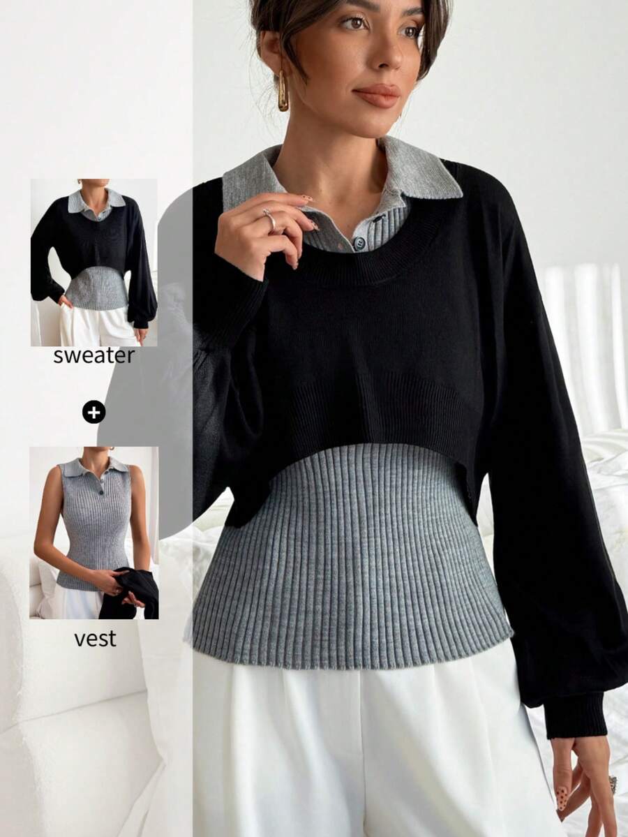2PCS Women Sweaters - Black - View 1