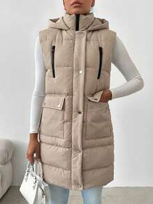 Women's Fashionable Versatile Solid Color Hooded Sleeveless Jacket, Winter - Beige - View 3