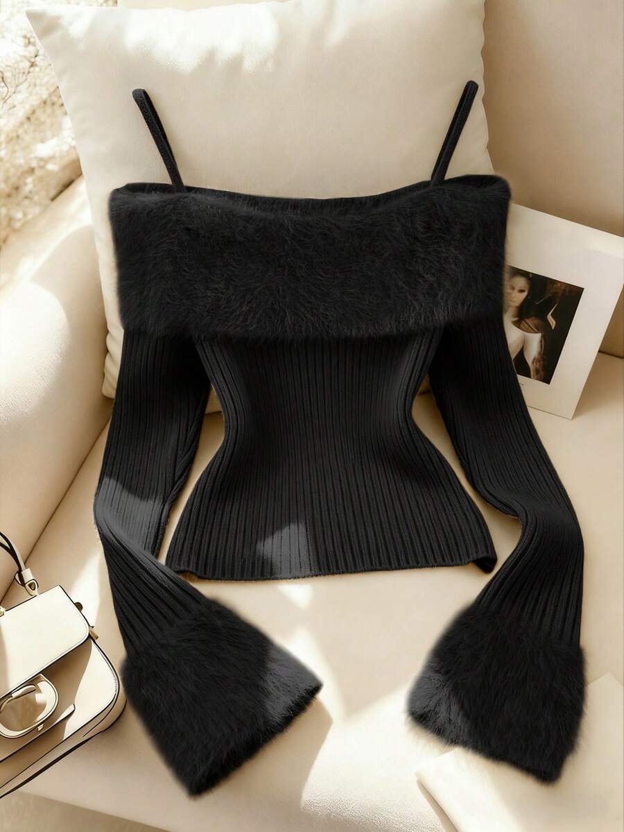 Franclia 新款复古性感时尚高端毛茸茸领露肩女式套头毛衣，秋冬 - 黑色 - 查看 1