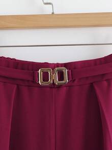 GlowEve 2pcs Women Elegant Solid Color V-Neck Metal Chain Ruffle Hem Long Sleeve Top And Straight Leg Pants Set - Red - View 4