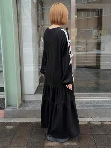 FRIFUL Women's Round Neck Contrast Color Ribbon Bow Decor Patchwork A-Line Long Casual Street Dress - Black - View 6