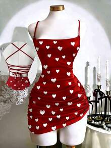 Chiquease 优雅性感爱心印花不对称下摆露背迷你连衣裙，夏季 - 紅色 - 查看 1