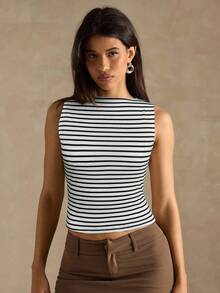 SHEIN BAE 女士休闲条纹露脐修身背心，夏季 - 白色 - 查看 5