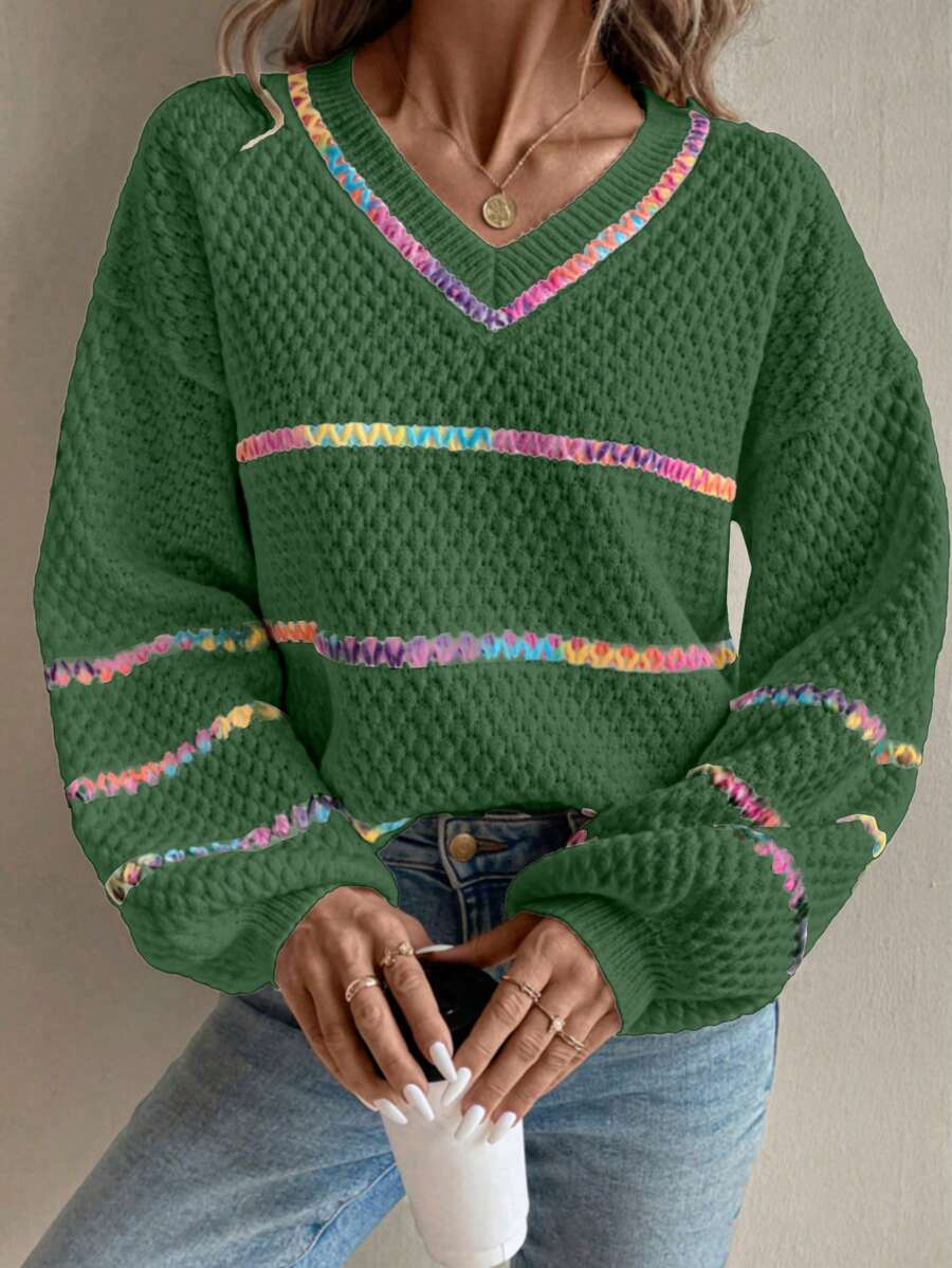 Chiquease Loose Fit Striped Knit Sweater For Women, Autumn/Winter - Green - View 1