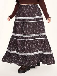 ROMWE Fairycore Chân váy chữ A phối ren hoa nhí dành cho nữ cỡ lớn - Nhiều màu - Xem 4