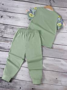 SHEIN Elladie kids 2 件套年轻女孩花卉印花休闲 T 恤和裤子套装，适合户外、运动、春季、夏季、秋季