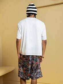 Felix The Cat X SHEIN 1 Set Men's Casual Fashion Street Cartoon Tree & Letter Print Loose Drop Shoulder T-Shirt And Drawstring Waist Contrast Striped Side Shorts Set, Summer - White - View 2