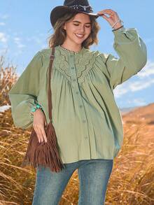 Boho Mama Autumn Green Lantern Sleeve Loose-Fitting Cotton-Lined Maternity Top With Lace Trim - Bohemian Casual Maternity Top - Green - View 6