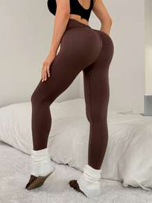 Slayform 女士无缝V腰收腹瑜伽紧身裤 棕色瑜伽裤 - 咖啡棕 - 查看 5