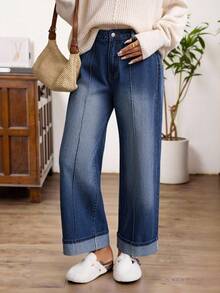 EMERY ROSE 女士撞色缝线前袋休闲百搭牛仔裤阔腿牛仔裤高腰宽松直筒裤，七分裤，秋冬服装，约会装，日常穿着，工作装，新年/圣诞节 - 中等水洗藍 - 查看 5