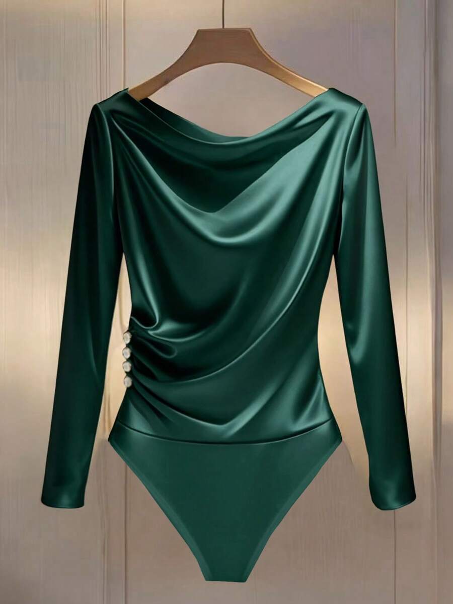 Franclia Bộ đồ liền thân tối giản dài tay cài nút bên hông dành cho nữ khi đi làm - Màu xanh lá cây đậm - Xem 1