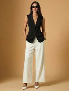 Briarwyn Sacou damă cu rever, culoare uni, cu un singur nasture, casual, fără mâneci - Negru - Vizualizare 7