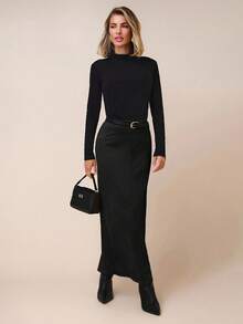 COSMINA Falda de unicolor versátil y de moda para mujer - Negro - Ver 3