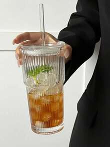 1个透明玻璃杯，带条纹图案杯盖和吸管，便携简约风格，可盛装水、茶或咖啡，ins风；圆形杯身，容量600毫升。另有吸管和吸管刷可选。开学季必备。 - 透明 - 查看 6