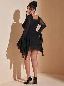 SHEIN BAE Đầm dài tay xuyên thấu dáng suông bất đối xứng, cỡ lớn, thích hợp cho mùa xuân/hè, thanh lịch, thích hợp cho các buổi hẹn hò và đi chơi. - màu đen - Xem 2