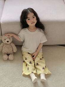 DAZY 2pcs/Set Toddler Girls' Casual Round Neck Short Sleeve Top And Striped Cartoon Print Pants Pajama Set - Yellow - View 5