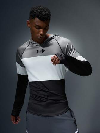 Manfinity Sport Polished Sudadera con capucha casual de hombre con estampado de mancuerna de color contrastante y mangas raglán, otoño