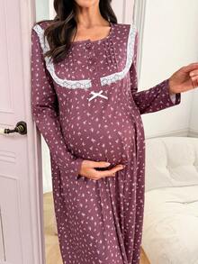 Moonlight&Mama Snygg blommig kontrasterande spetsklänning med långa ärmar för gravida - Multifärgad - Visa 1