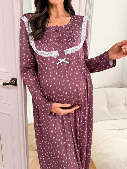 Moonlight&Mama Snygg blommig kontrasterande spetsklänning med långa ärmar för gravida