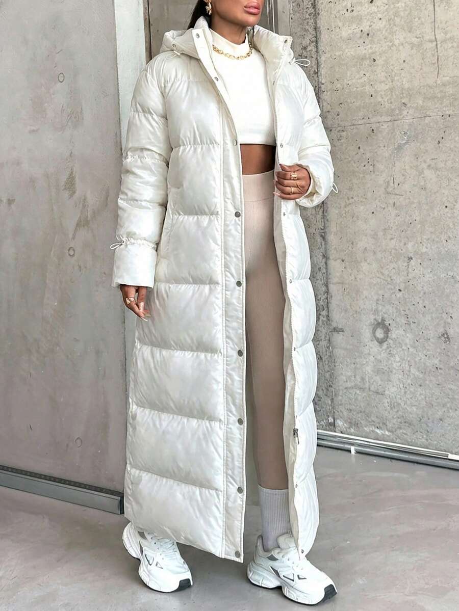 SHEIN Women's Unique Design Drawstring Sleeve Padded Warm Puffer Long Down Coat - White - View 1