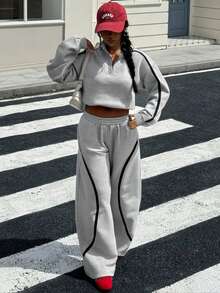 Modelyn Women's Fashionable Floral & Striped Curved Paneled Fleece Sweatpants Set, Casual Sportswear For Autumn/Winter - Grey - View 1