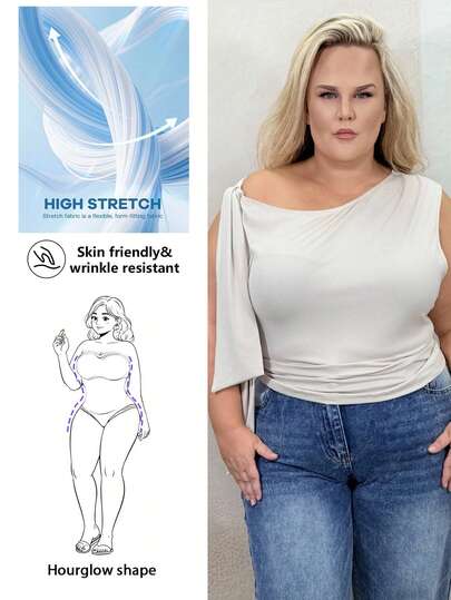 Hourglow Dollyholly86 Plus Size Women Asymmetric Shoulder Blouse, Suitable For Commute, Dating, Afternoon Tea, Valentine's Day, Summer, Birthday, Valentine's Day, Curvy Top, Formal, Curve, Party, Flowing Details,Butter Yellow, For Hourglass Body Shape