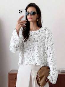 Elyressa 1件装 时尚蓬松亮片欧式宽松圆领套头毛衣，短款柔软舒适优雅女士冬季毛衣 - 白色 - 查看 3