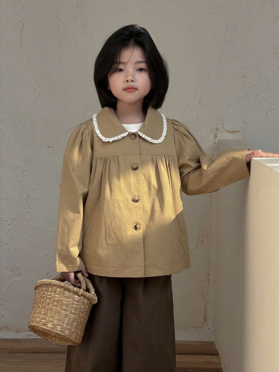 DAZY Young Girls Lapel Khaki Lace Patchwork Casual Long Sleeve Jacket, Spring/Autumn - Khaki - View 1