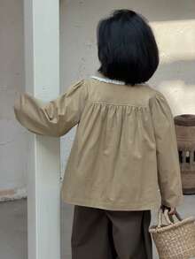DAZY Young Girls Lapel Khaki Lace Patchwork Casual Long Sleeve Jacket, Spring/Autumn - Khaki - View 2