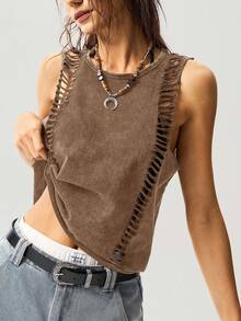 Bohemela Solid Color Knit Cropped Camisole For Women - Brown - View 4