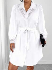 Elenzga Đầm dài tay cỡ lớn dành cho nữ, thiết kế phối ren, kèm thắt lưng vải, kiểu dáng tối giản và thời trang, phù hợp cho công sở và mặc hàng ngày. - trắng - Xem 5