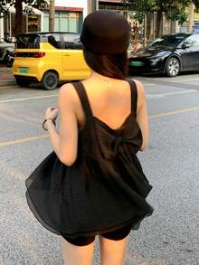 DAZY Áo sơ mi voan không tay dành cho nữ, có nơ lớn, kiểu dáng ngọt ngào và nữ tính, thích hợp cho kỳ nghỉ hè. - màu đen - Xem 5