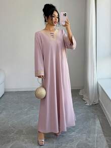 Yasmyna 新款V领刺绣优雅连衣裙，设计精致 - 藕粉色 - 查看 3