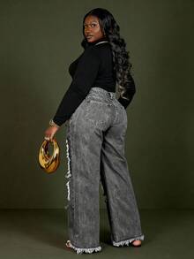 CurvyTilda Quần jeans ống rộng, rách, rách, giặt thường ngày cỡ lớn - Màu Xám nhạt - Xem 2