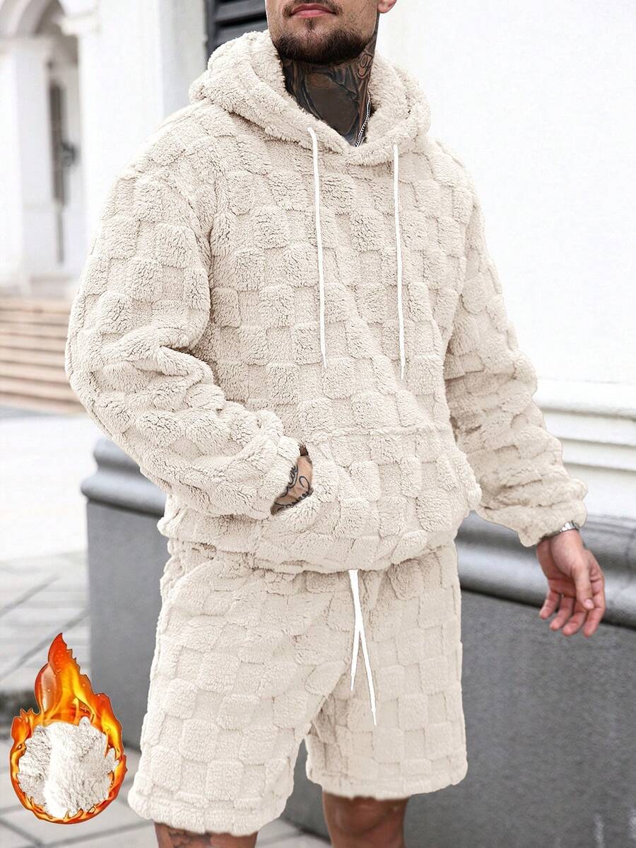 Manfinity Homme 男士华夫格纹抓绒连帽衫+抽绳松紧腰带口袋短裤套装 男士针织套装 男士套装 米色男装 男士两件套 春秋男士套装 男士两件套 男士毛绒格子套装 - 白色 - 查看 1