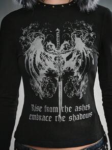 ROMWE Grunge Punk Y2K朋克风翅膀字母图案印花修身T恤 - 黑色 - 查看 2