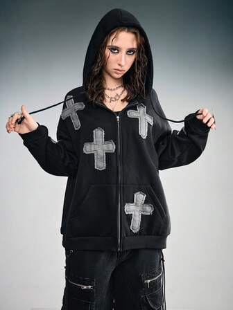 Grunge Punk Sweat-shirt à capuche zippé surdimensionné avec broderie de croix pour femmes