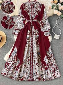 DreamSkyne Court Retro  Plus Size Elegant Romantic Open Front Lantern Sleeve A-Line Dress For Women Fall Cloth For Women - Burgundy - View 1