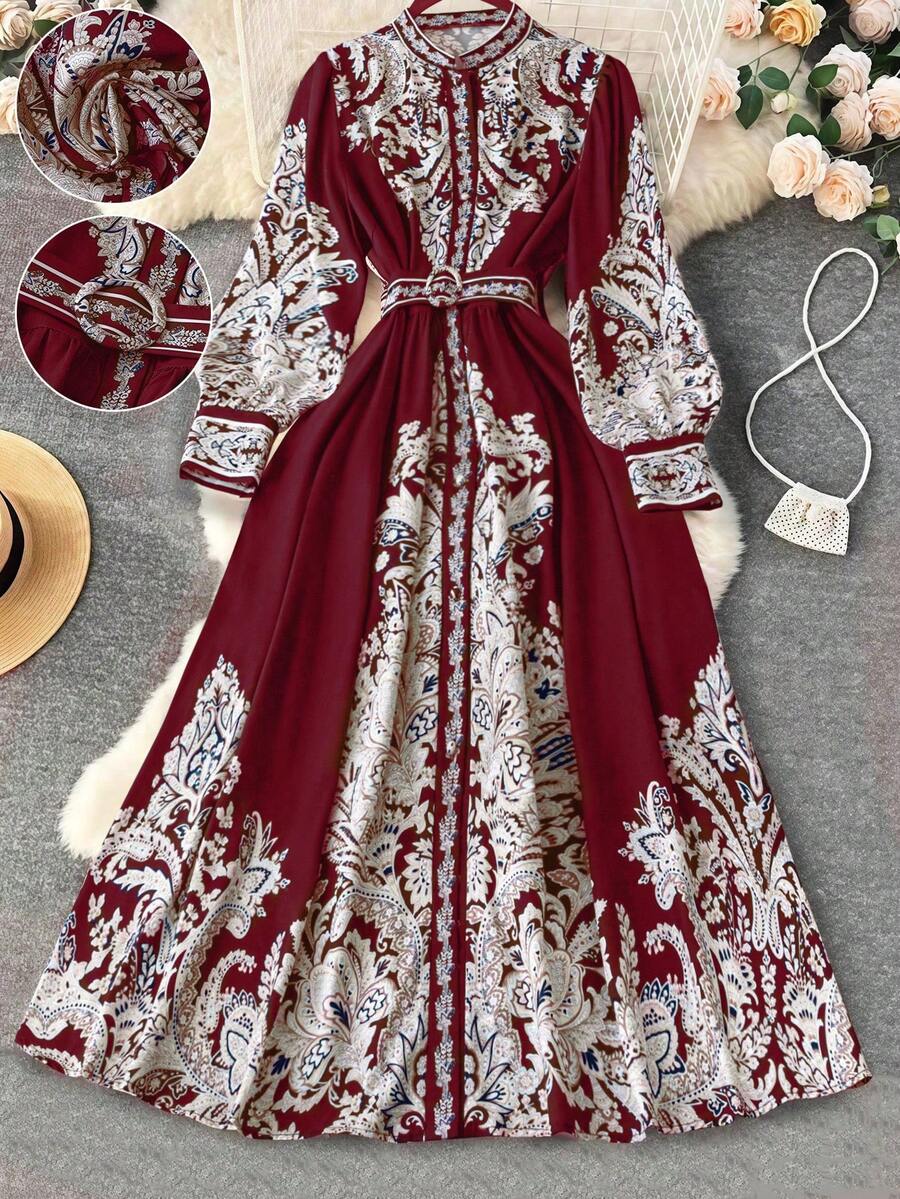 DreamSkyne Court Retro  Plus Size Elegant Romantic Open Front Lantern Sleeve A-Line Dress For Women Fall Cloth For Women - Burgundy - View 1