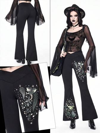 Goth Pantaloni a zampa da donna in stile gotico con stampa di piante, falene, lune e stelle