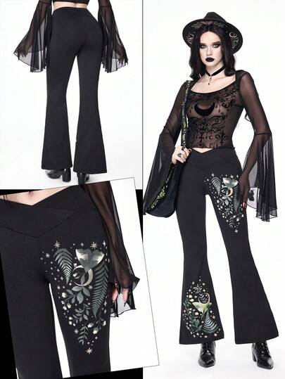 Goth Pantalones acampanados de mujer con estampado de planta, polilla, luna y estrella en estilo gótico