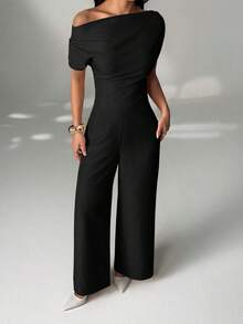 SHEIN PETITE Women's Summer New Arrival Simple Elegant Daily Casual Linen Commuter Wide Collar Off Shoulder Blouse And Wide Leg Pants Suit Off Shoulder Jumpsuit Wide Leg Jumpsuit - Black - View 11
